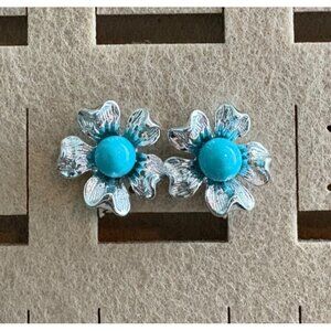 Vintage Sarah Conventry Clip On Earrings Flowers Blue Stone Silver Tone 0.5" VTG